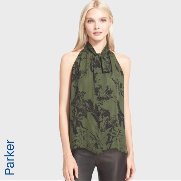 SOLD Parker Brantling olive & black silk halter blouse - Picture 1 of 7
